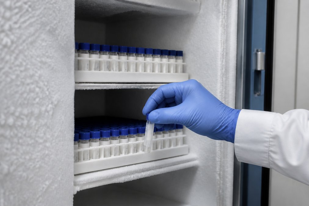 Laboratory freezer with properly labelled peptide vials stored in organised rows, temperature monitoring display visible on the freezer door, and a technician's hand placing a vial into position