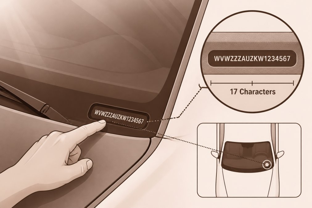 Close-up of a person's hand pointing to the VIN plate on a car dashboard near the windshield, with the 17-character number clearly visible, natural daylight streaming through the windshield
