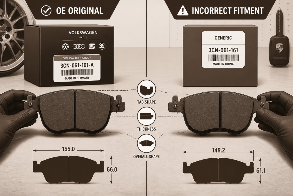 Hands holding two brake pads side by side on a workbench for comparison, with original packaging and OEM part number labels visible in the background, workshop lighting overhead