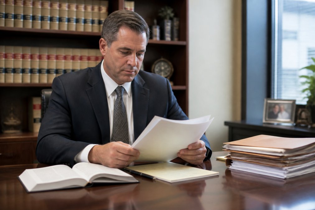 A professional criminal defense attorney in a suit reviewing case documents at a desk in a law office, with bookshelves of legal volumes in the background