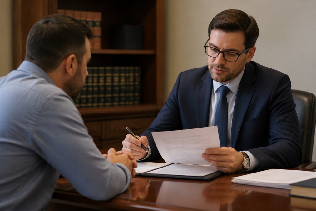 A person sitting across from a lawyer at a consultation table, both looking at paperwork in a calm and professional office setting with warm lighting and wooden furniture
