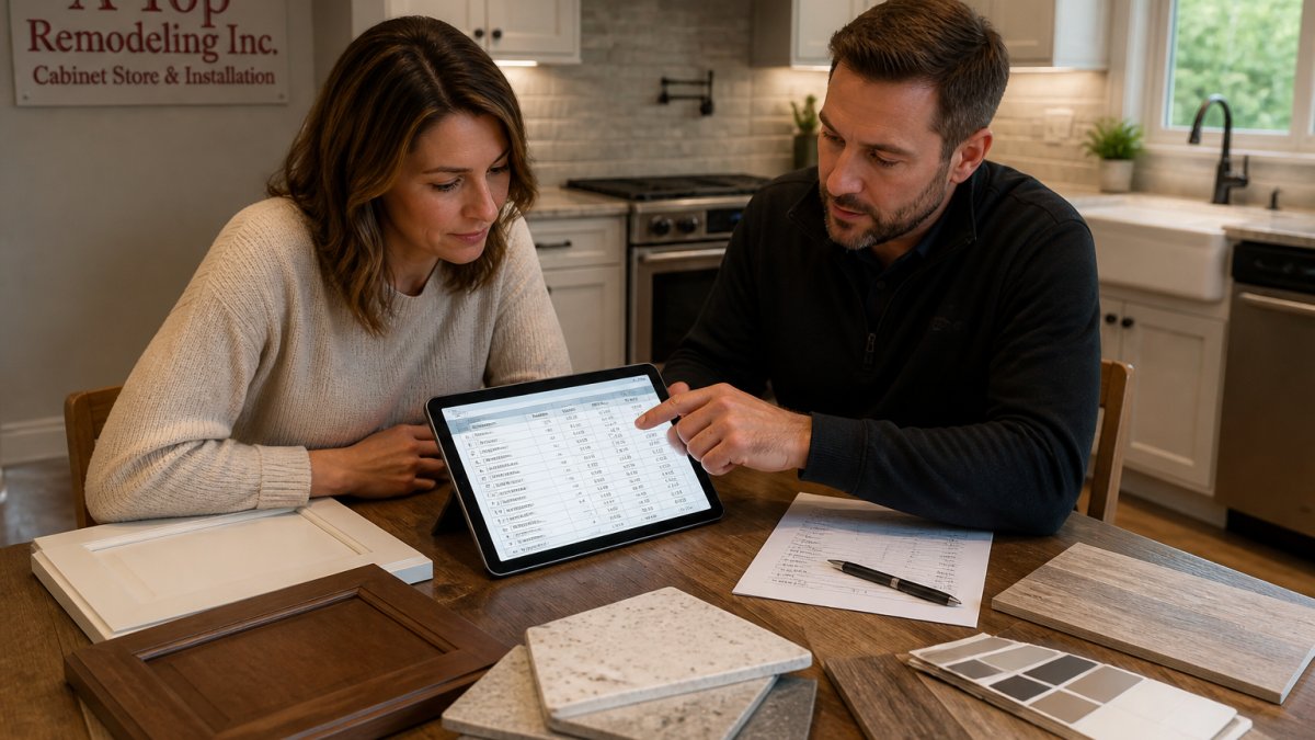 A homeowner and a remodeling contractor reviewing a detailed kitchen renovation budget spreadsheet on a tablet at a kitchen table, with material samples and cabinet finish swatches spread out nearby