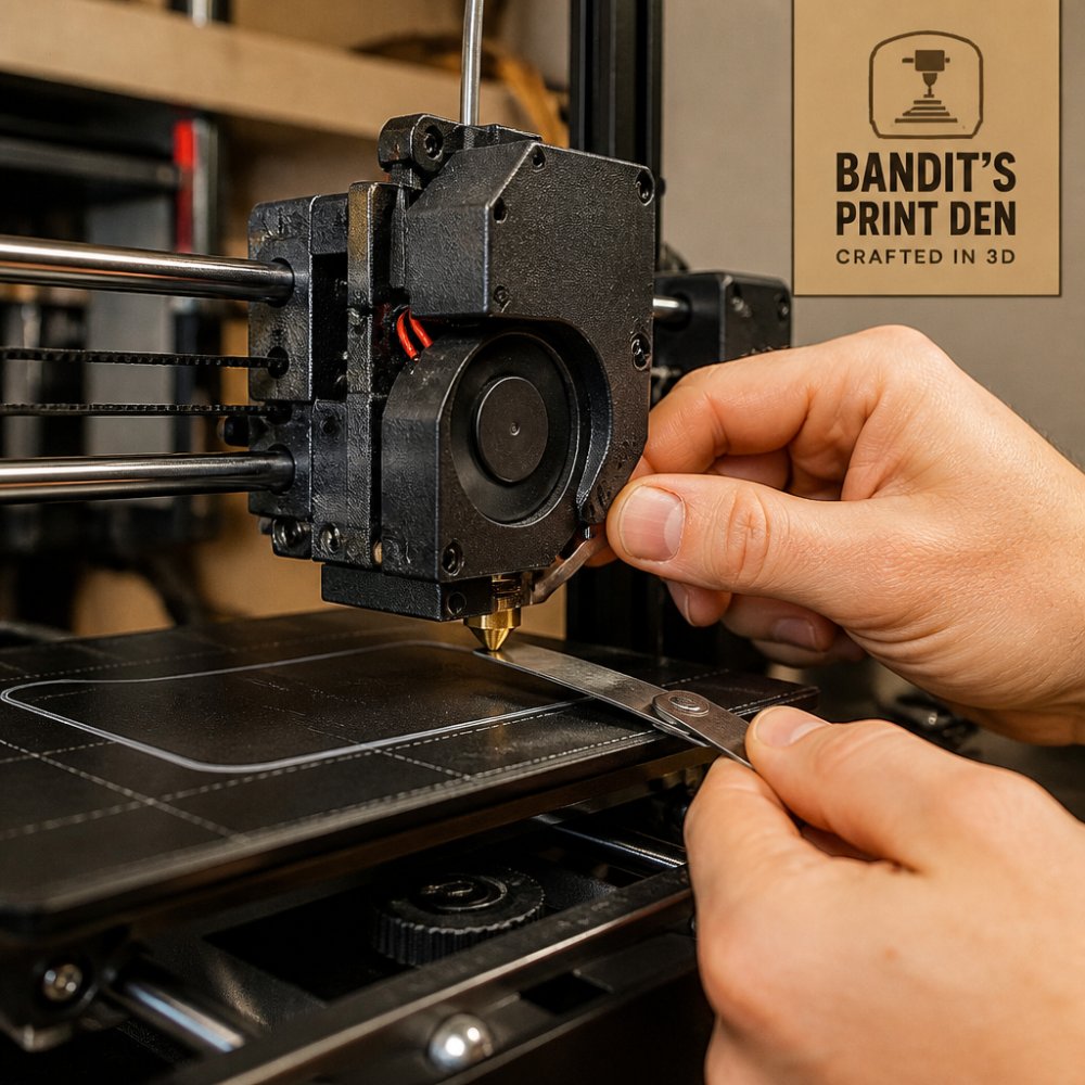 Close-up of hands adjusting 3D printer nozzle height above a leveled print bed with visible calibration marks and first layer adhesion