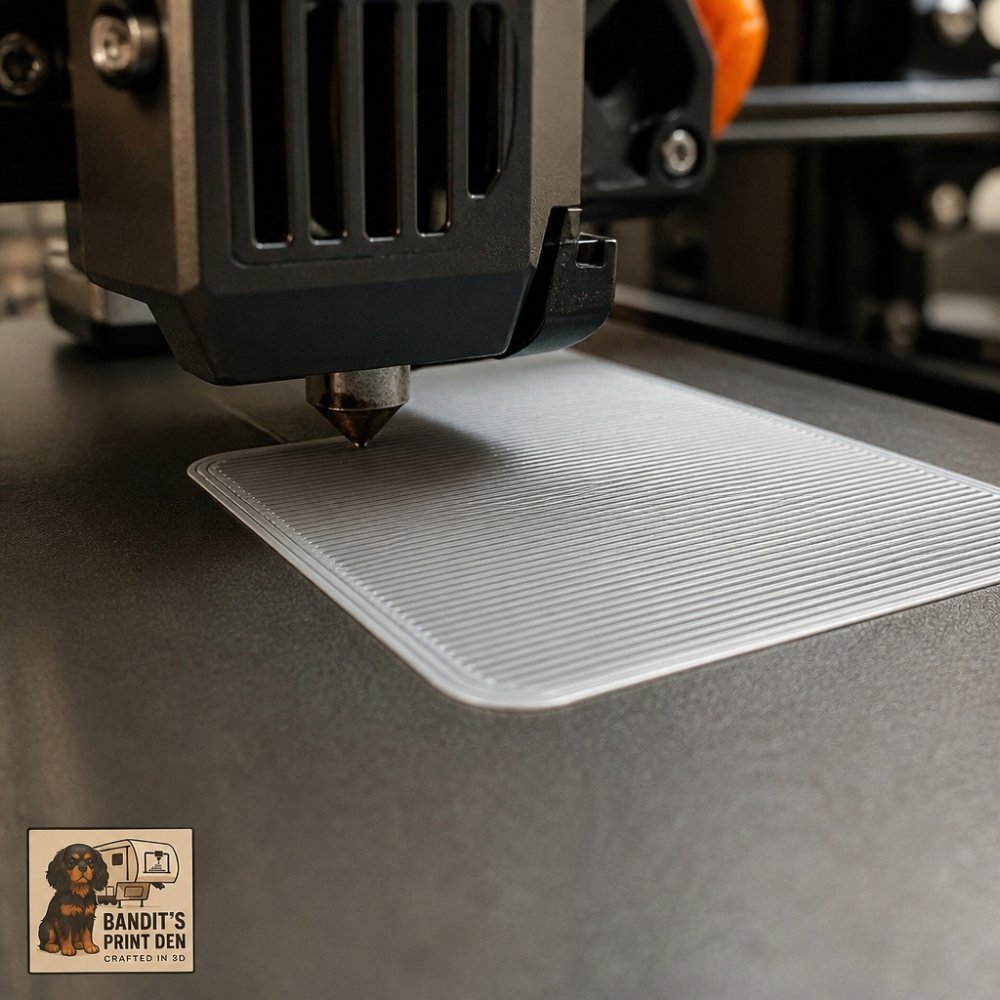 A 3D printer nozzle positioned at precise height above a leveled print bed with first layer being deposited, showing uniform layer adhesion and proper extrusion width