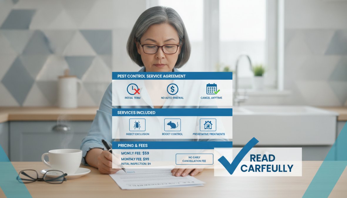 Close-up of a homeowner carefully reading a multi-page service agreement document at a kitchen table, pen in hand, with reading glasses resting nearby and afternoon sunlight coming through a window