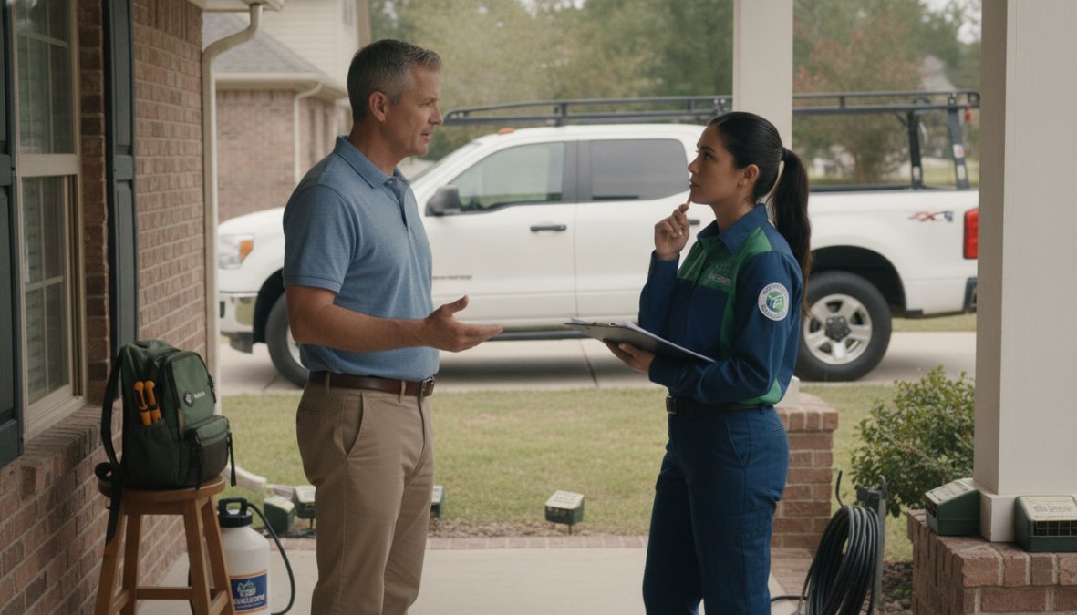 A homeowner and a uniformed pest control technician standing at a front door engaged in a serious but friendly conversation, the technician holding a clipboard with service documents, late afternoon sunlight casting soft shadows on the front porch