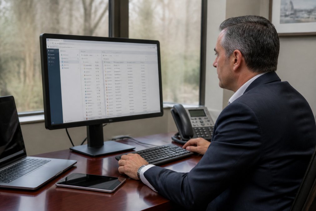 Financial advisor reviewing CRM data to filter out low quality insurance leads on a computer screen