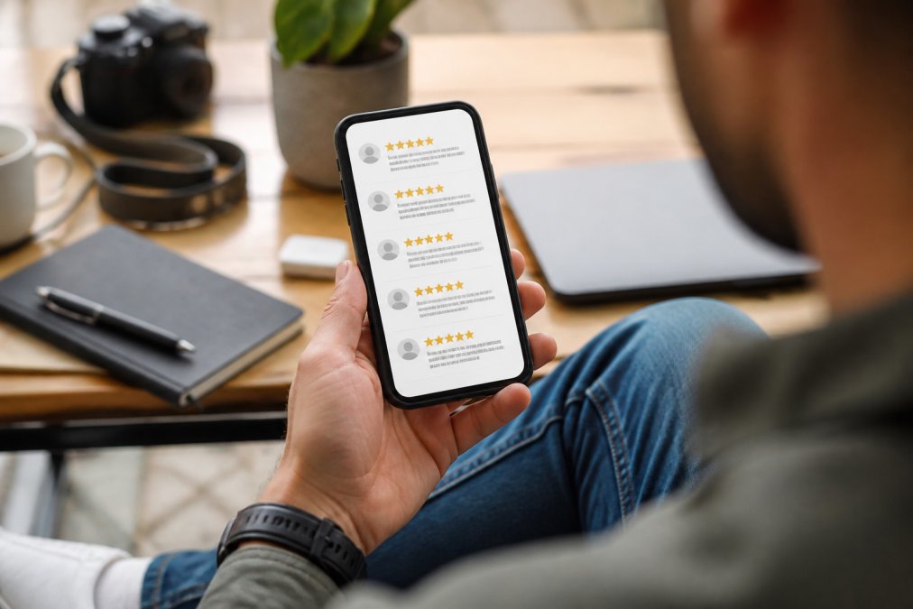 A close-up of a smartphone screen showing a product review page with several suspicious-looking five-star reviews, held by a person in a casual setting