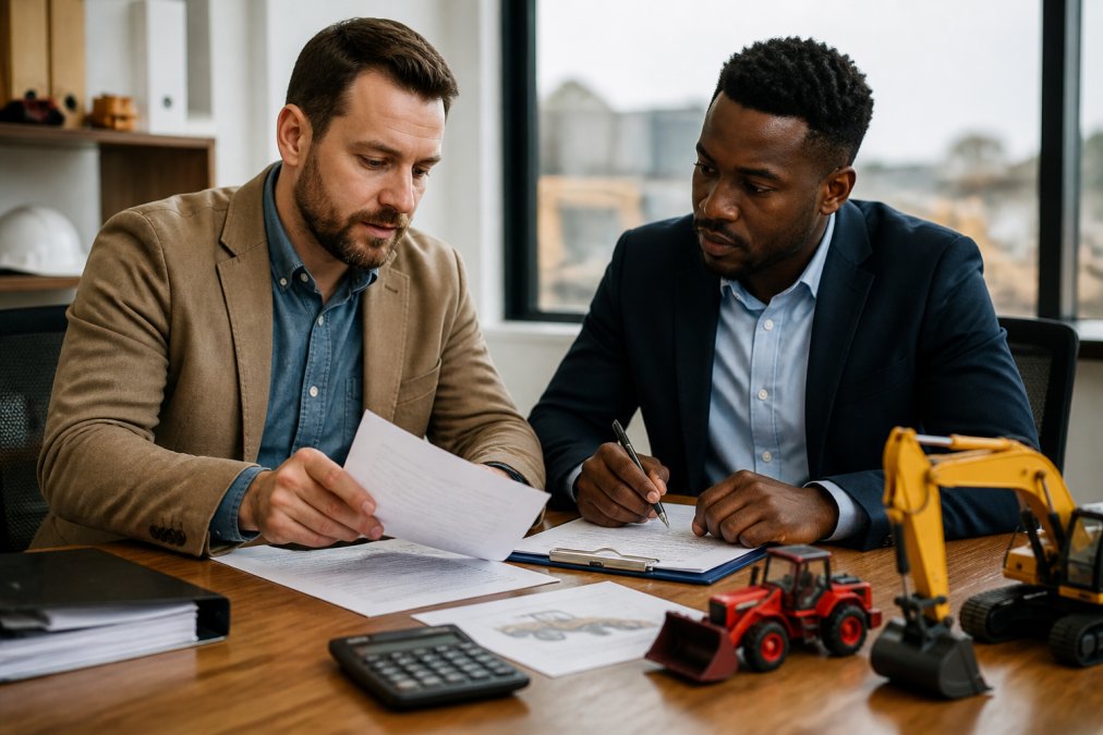 Professional business discussion between two people reviewing equipment specifications and contract details over a desk with calculator and machinery documentation in modern office setting