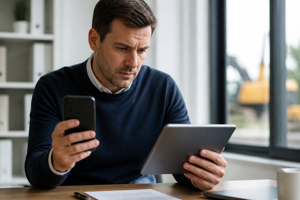 Professional demonstrating verification of seller credentials by comparing information on smartphone and tablet screens in bright office setting