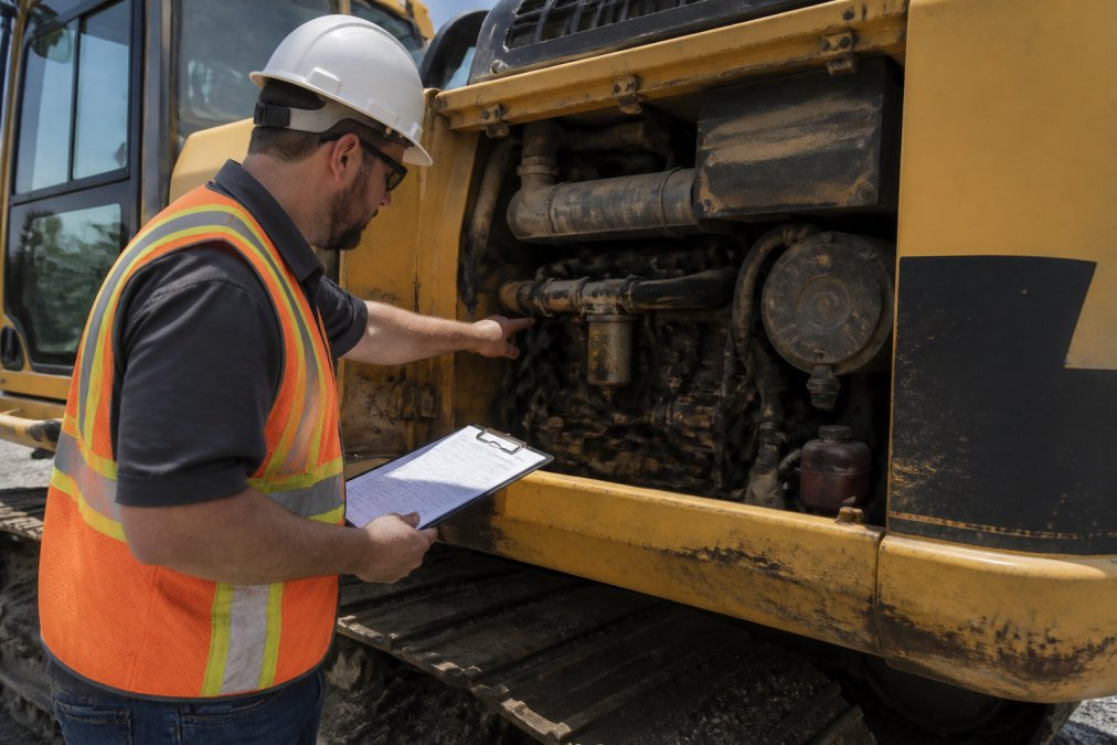 Construction professional in safety vest and hard hat inspecting engine compartment of heavy machinery while holding clipboard with checklist visible