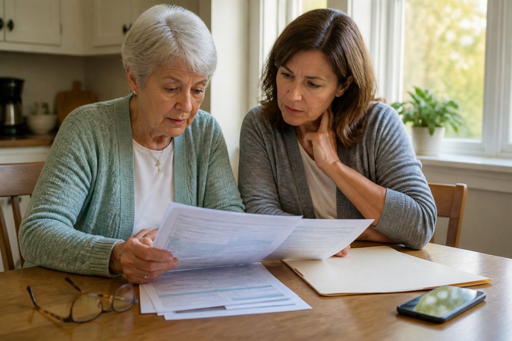 A senior patient and an adult daughter reviewing Medicare paperwork together at a kitchen table, with reading glasses and a smartphone resting beside the documents, warm afternoon light through the window