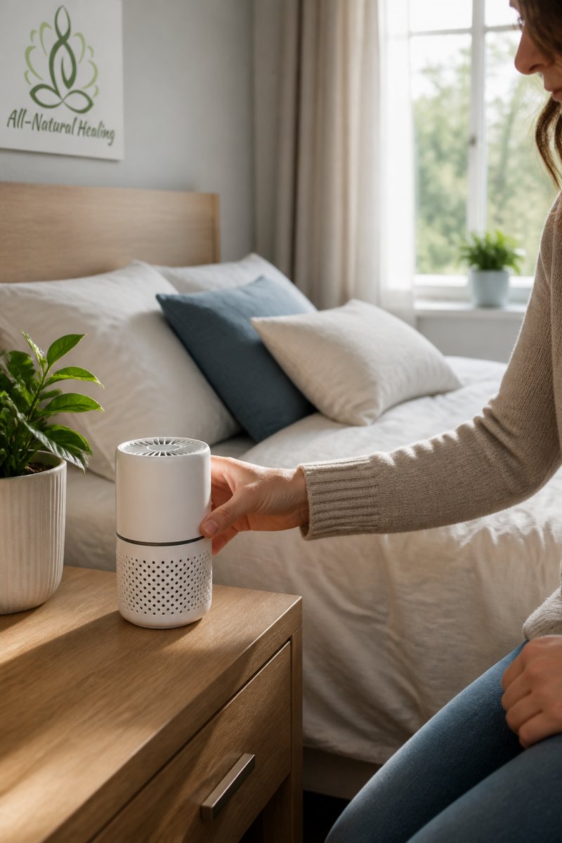 A person placing a compact air purifier on a nightstand in a clean, modern bedroom with soft natural light coming through the window