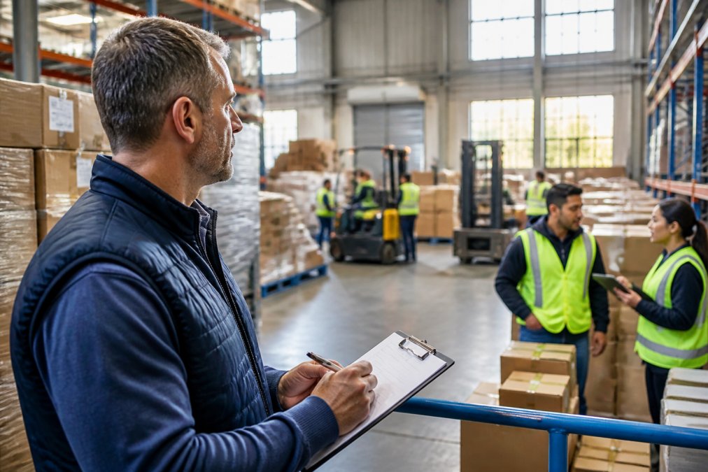 Operations manager reviewing real-time data on multiple monitors in a warehouse logistics center, with team members collaborating in the background, natural daylight streaming through industrial windows