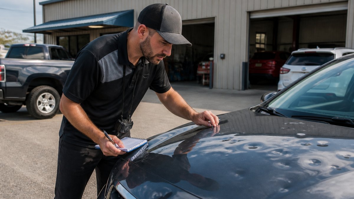 Adjuster inspecting vehicle hail damage with a notepad to determine the hail deductible cost