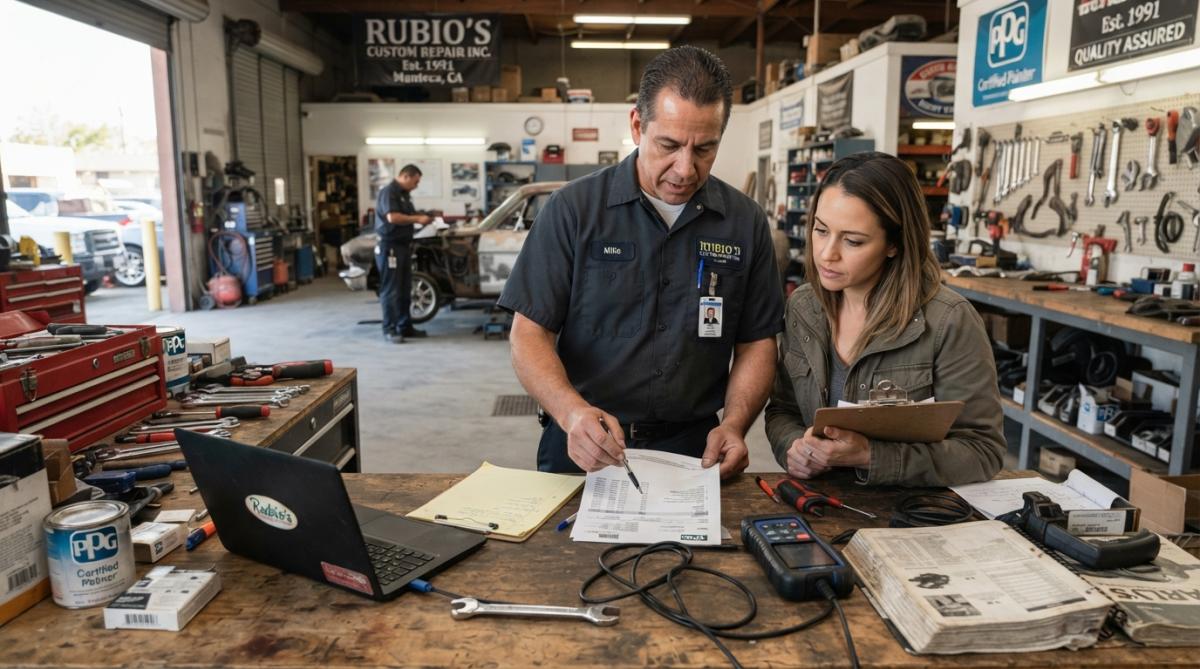 Professional mechanic reviewing itemized invoice and repair documentation with vehicle owner at workbench in organized auto shop with diagnostic tools visible