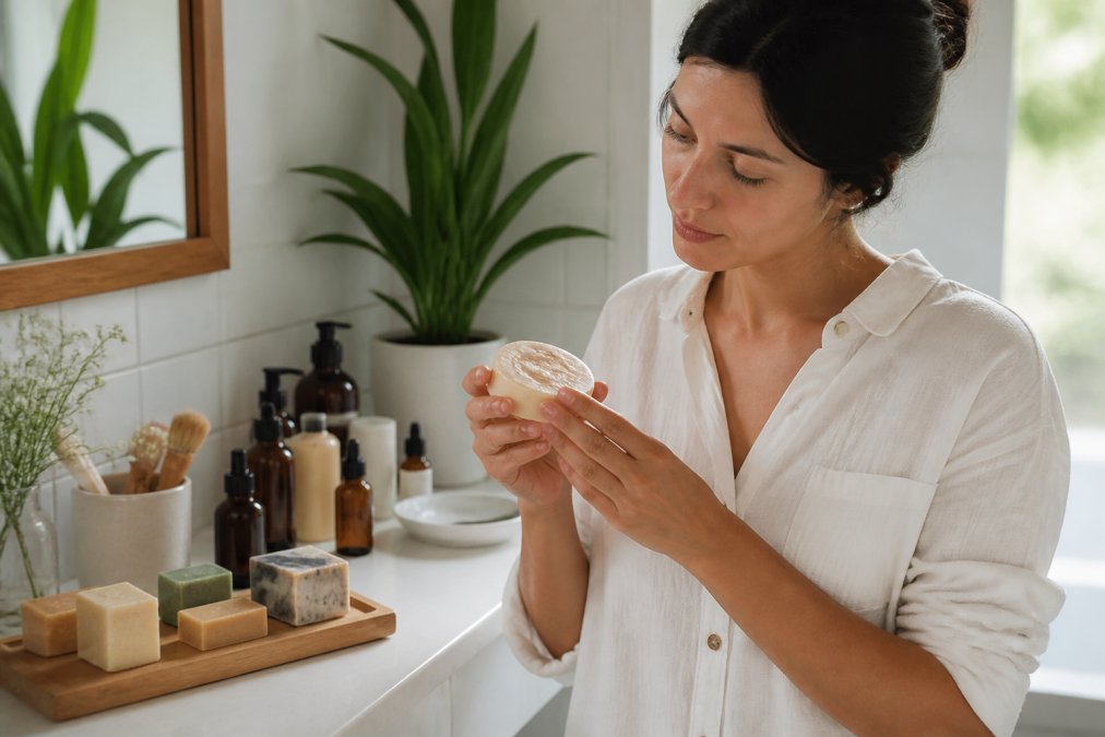 A woman in a bright modern bathroom holding a solid shea butter lotion bar, examining its creamy texture with a calm expression. Soft natural light falls across a clean white countertop lined with botanical soap bars and amber glass bottles.
