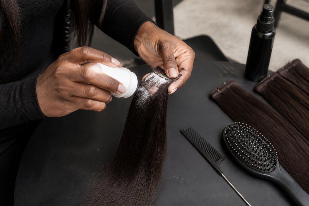 Close-up of hands applying dry shampoo powder to a section of hair extensions held over a styling station, with a comb and brush visible nearby