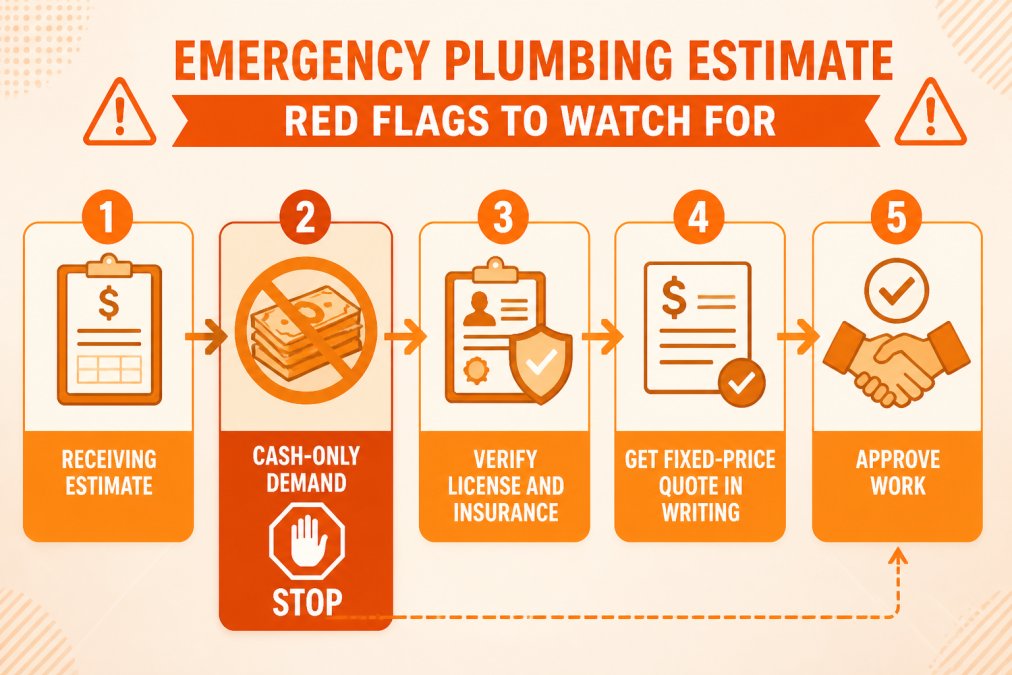 Flowchart: Receiving Estimate → Cash-only demand = Stop → Verify license and insurance → Get fixed-price quote in writing → Approve work