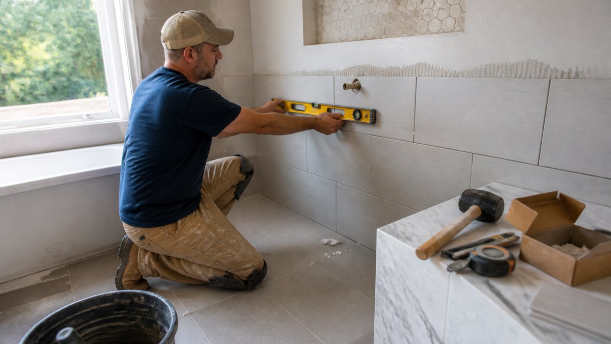 Homeowner examining newly installed tile in bathroom using a level tool to check alignment and grout consistency, with natural light from window