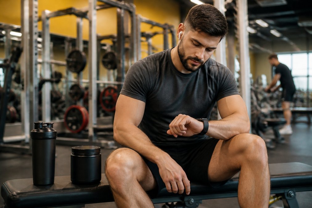 Athlete in the gym checking their watch before taking a pre-workout supplement, with water bottle and supplement containers on the bench nearby