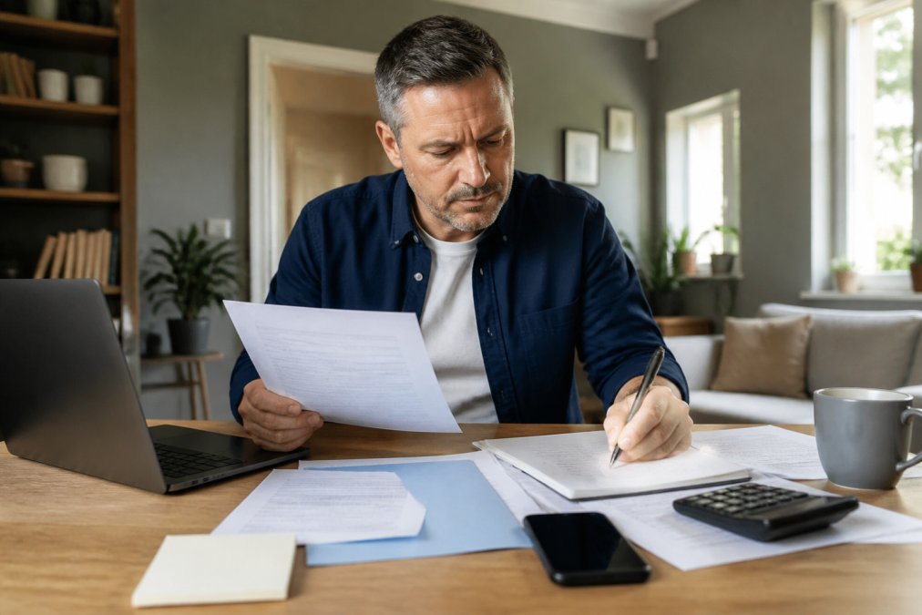 Homeowner reviewing mortgage documents and laptop while avoiding predatory lenders in a home office