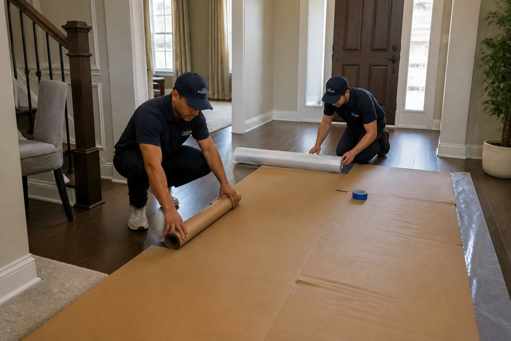 Professional installers carefully laying down cardboard and plastic sheeting across hardwood flooring in an entryway before furniture removal begins, with natural daylight from windows