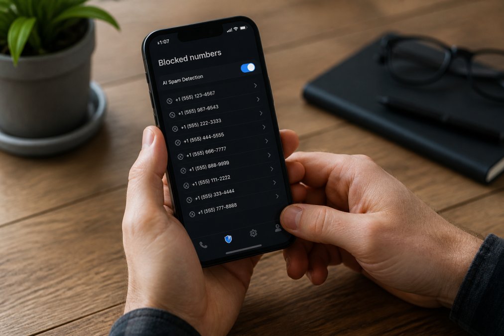A smartphone screen showing a call-blocking app interface with a list of blocked numbers and a toggle for 'AI Spam Detection'