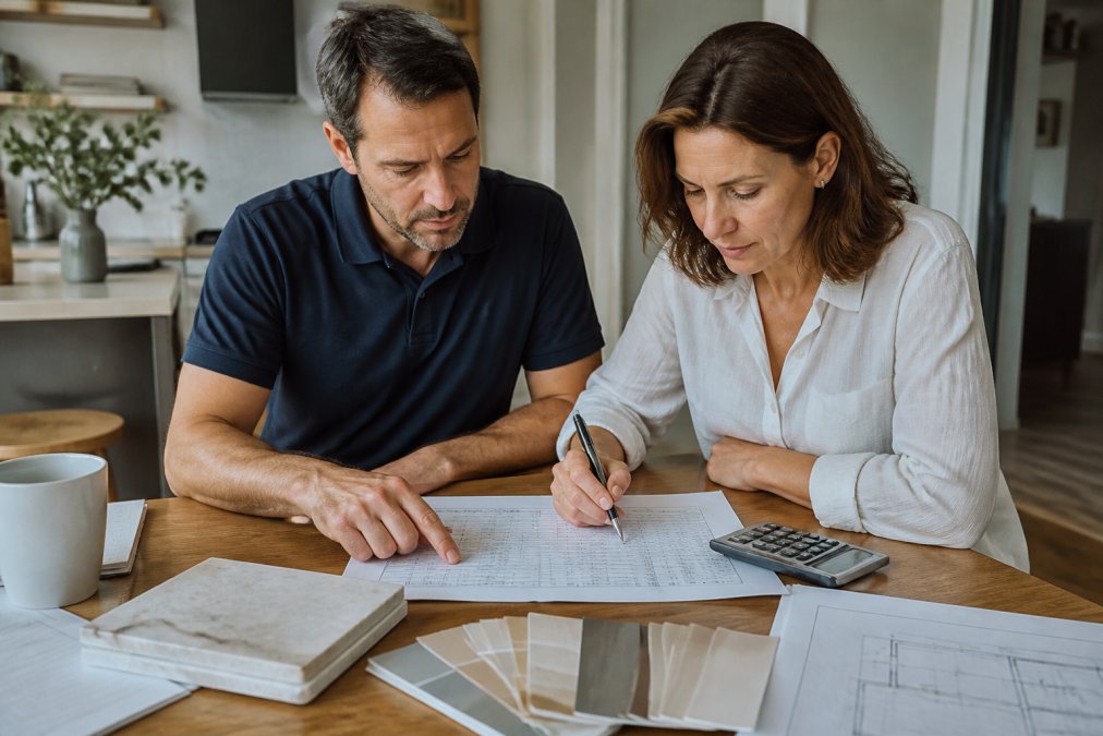 Process flowchart for calculating a renovation budget overruns contingency fund using line-item spreadsheets.