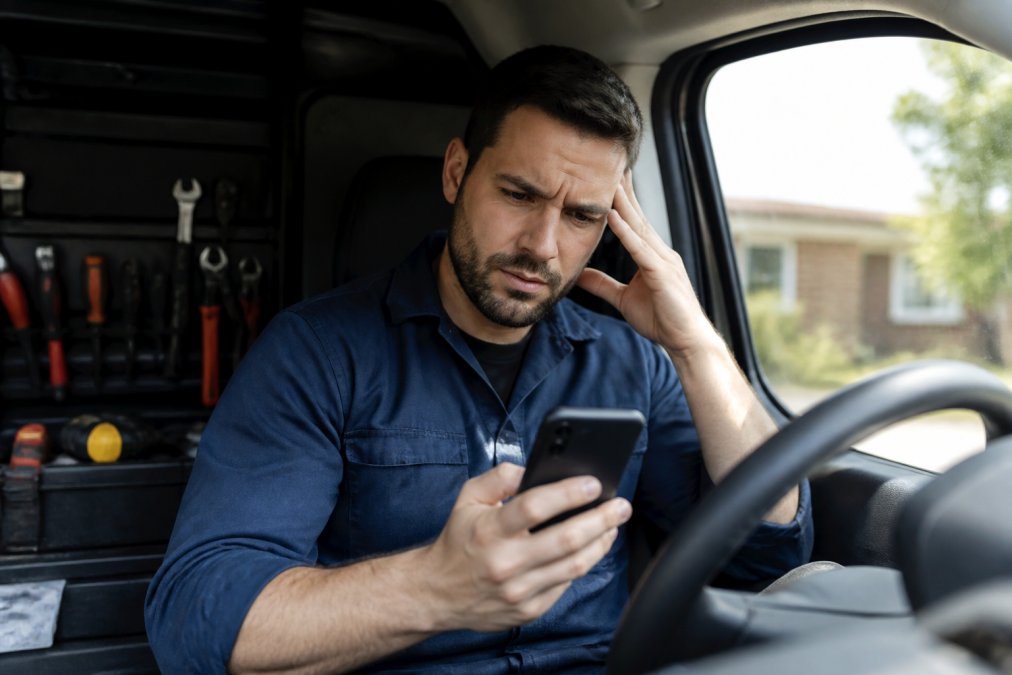 A tradesperson in a work van looking at a smartphone with a concerned expression, tools visible in the background, natural daylight coming through the windshield