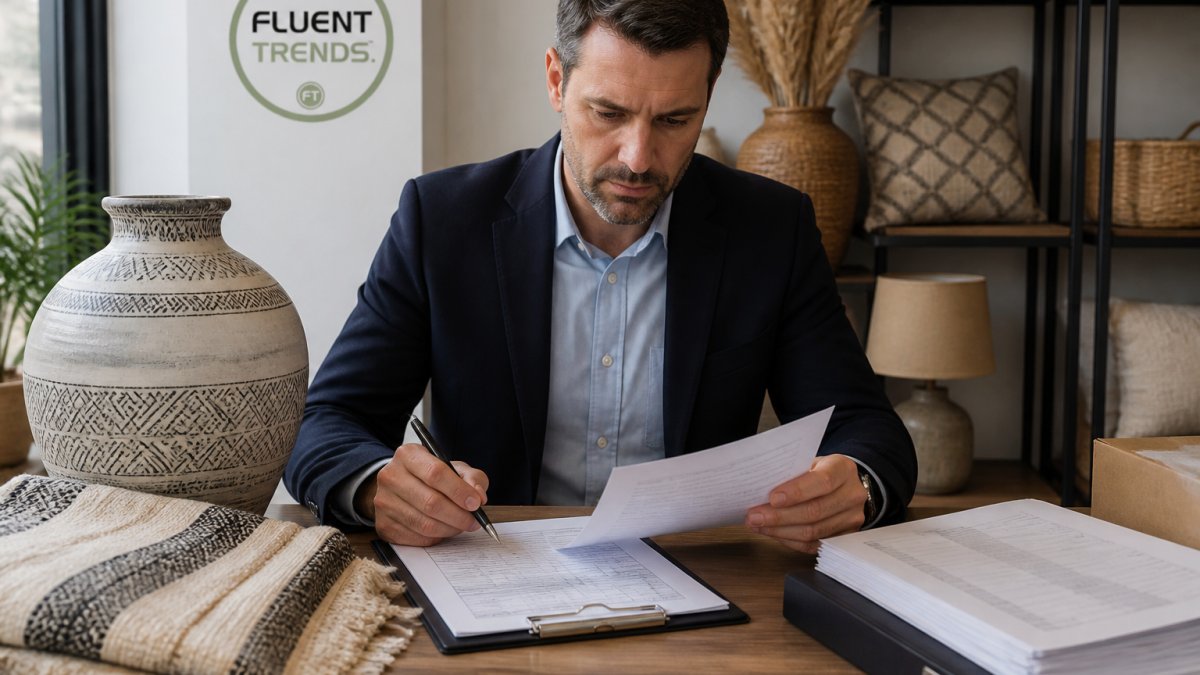 A customs broker reviewing shipping documents at a desk with a laptop and paperwork, with a large ceramic vase and woven textile visible in the background