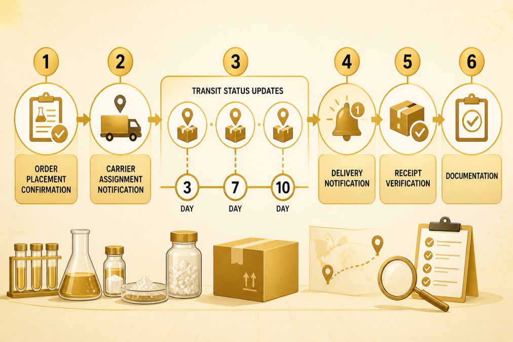 Avoiding Shipping Delays for Lab Supplies: A How-To Guide Flowchart showing lab supply order tracking process: order placement confirmation → carrier assignment notification → transit status updates at 3-day, 7-day, and 10-day marks → delivery notification → receipt verification and documentation