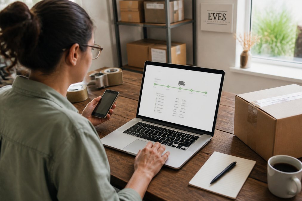 A person sitting at a wooden desk, looking at a laptop screen with a package tracking page open, holding a smartphone in one hand, with a cardboard box and packing tape visible in the background