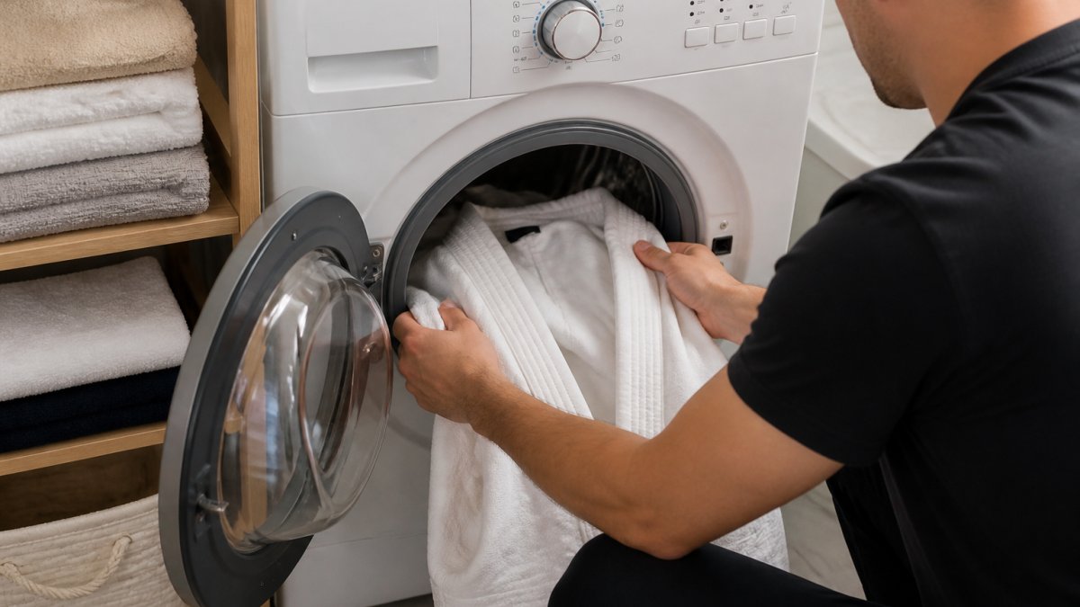 A person loading a white cotton martial arts gi into a front-loading washing machine, with the gi turned inside out and cold water setting visible on the machine dial