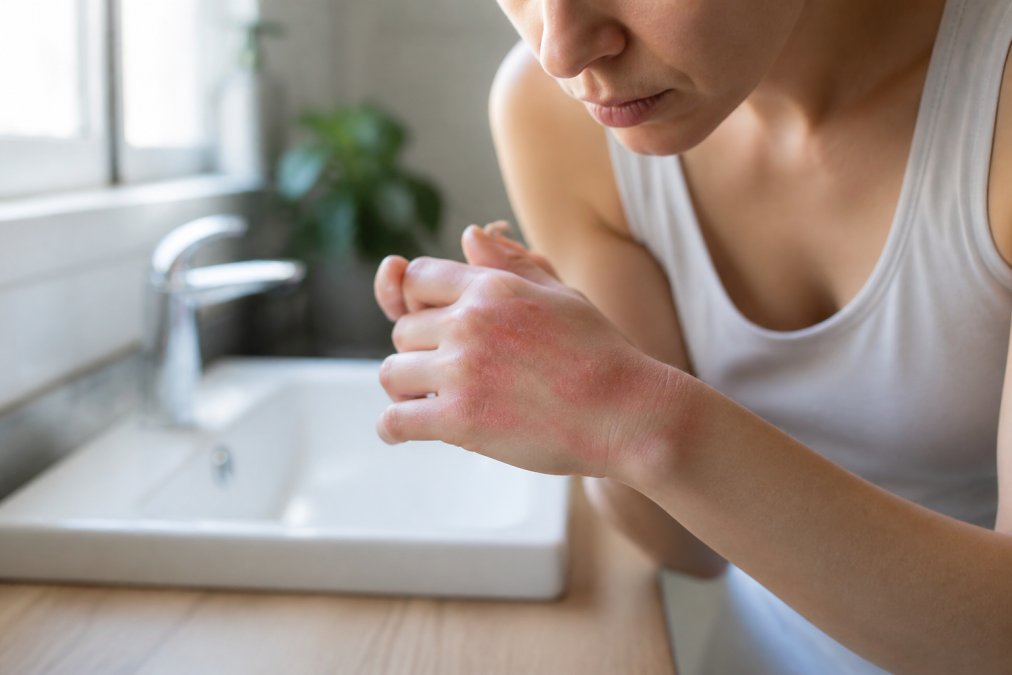 Close-up of a person examining red, dry patches on the back of their hand near a bathroom sink, soft daylight from a window