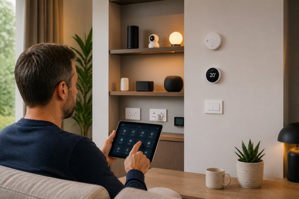 Homeowner checking smart home device settings on a tablet in a modern living room, with various smart home devices visible on shelves and walls