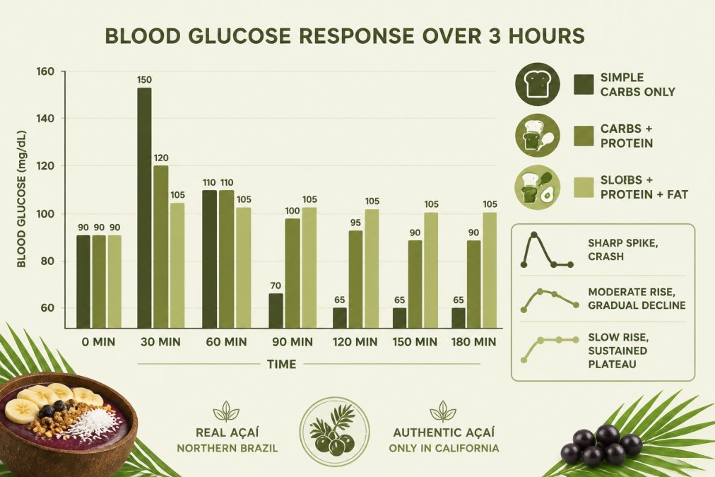 Bar chart comparing blood glucose response over 3 hours: simple carbs only (sharp spike at 30 min, crash by 90 min), carbs + protein (moderate rise, gradual decline), carbs + protein + fat (slow steady rise, sustained plateau)