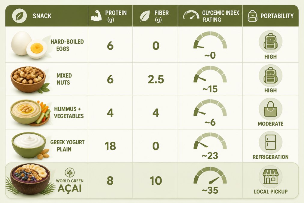 Comparison matrix of low-glycemic snack options with columns for protein (g), fiber (g), glycemic index rating, and portability; rows for hard-boiled eggs (6g protein, 0g fiber, GI ~0, highly portable), mixed nuts (6g protein, 2.5g fiber, GI ~15, highly portable), hummus + vegetables (4g protein, 4g fiber, GI ~6, moderately portable), Greek yogurt plain (18g protein, 0g fiber, GI ~23, requires refrigeration), World Green Açai organic bowl (8g protein, 10g fiber, GI ~35, local pickup only)