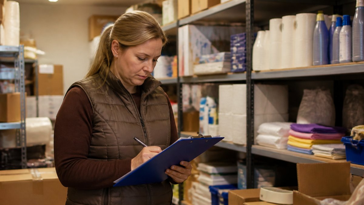 A small business owner in a stockroom checking inventory levels on a clipboard, shelves of office and janitorial supplies behind them, warm overhead lighting