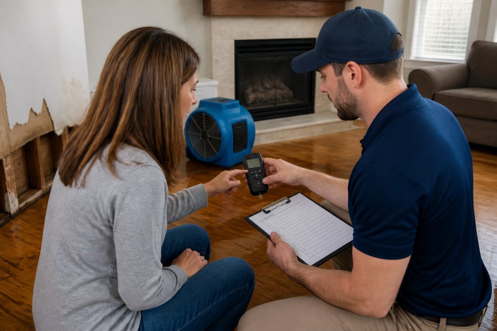 Homeowner reviewing a checklist with a professional while avoiding surprise bills for restoration during a site inspection