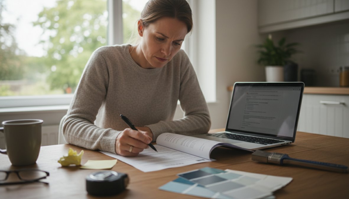 A homeowner sitting at a kitchen table reviewing a printed painting estimate document, pen in hand, with a laptop open nearby and natural light coming through a window