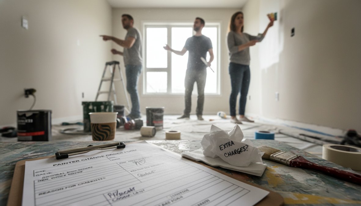 A painting contractor and homeowner standing at a front door, both looking at a clipboard with a change order form, discussing details before signing, exterior of a Toronto home visible in the background