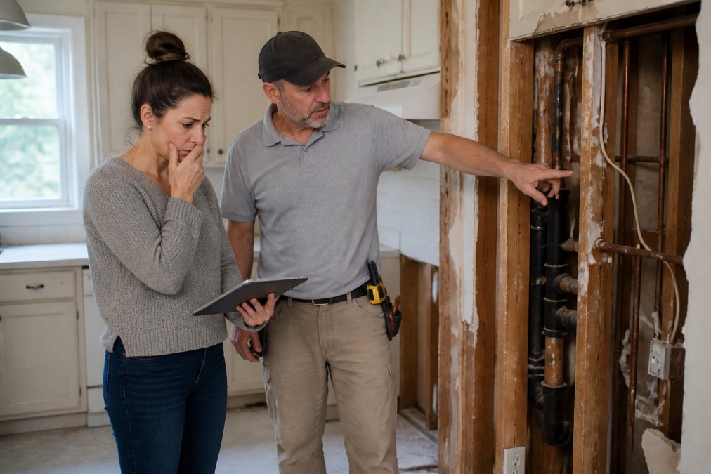 A homeowner looking at a tablet with a look of concern while a contractor points to an open wall showing old plumbing and wiring during a kitchen remodel