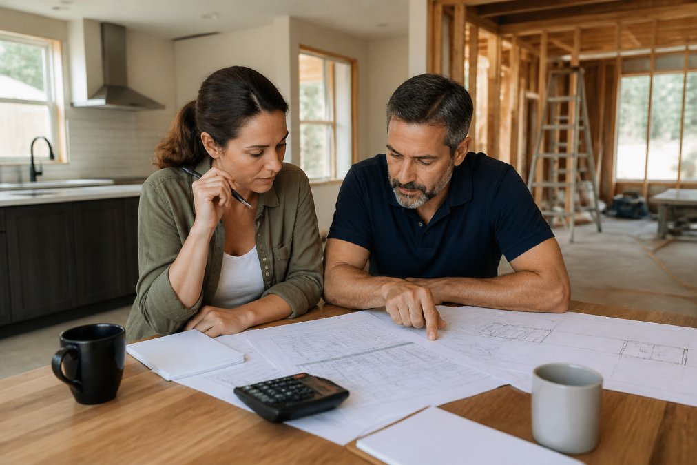 Homeowner and contractor reviewing a budget spreadsheet to manage renovation costs during a kitchen project