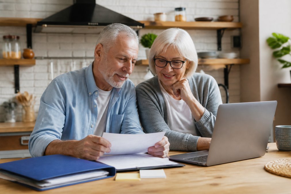 A senior couple reviewing medical paperwork and a laptop at a kitchen table, with a folder of insurance documents nearby, looking relieved and informed