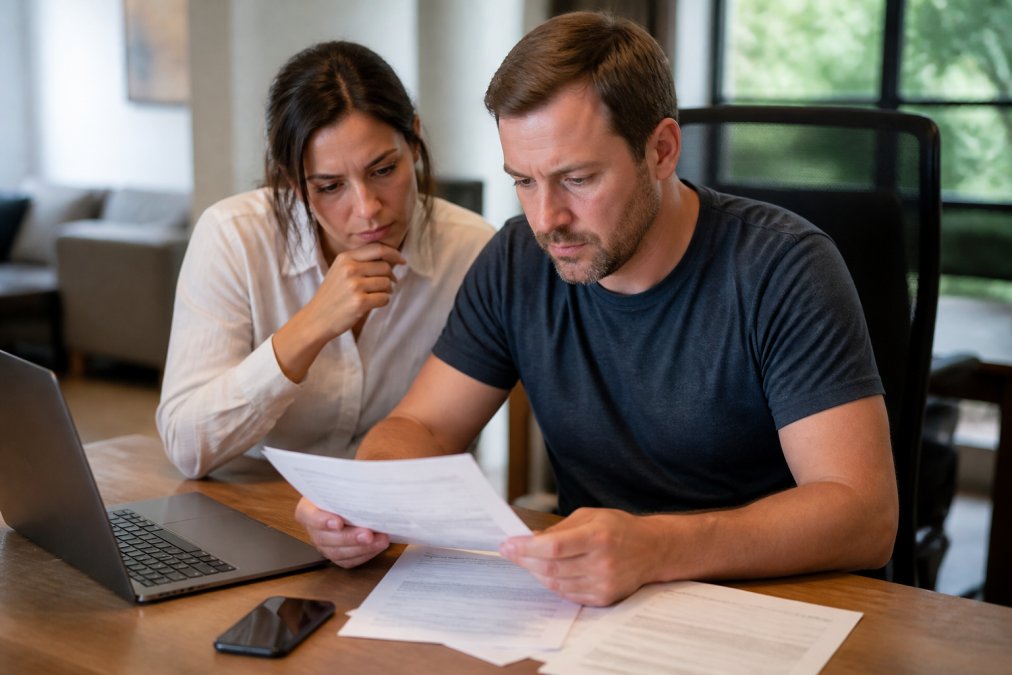 Car owner reviewing insurance paperwork and repair estimate at a desk with laptop and phone nearby, natural office lighting