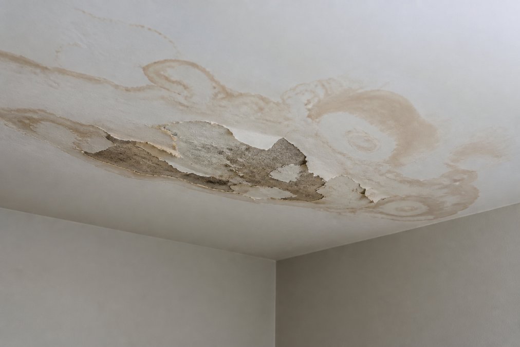 Close-up of water stains and discoloration spreading across a ceiling with visible moisture damage and paint peeling, showing signs of a hidden water leak from above
