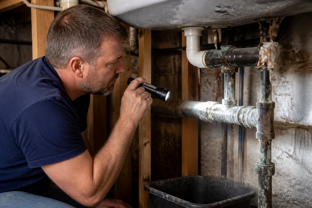 Homeowner with a flashlight inspecting exposed pipes under a sink in a basement, checking for corrosion, mineral deposits, and signs of leaks on the plumbing infrastructure