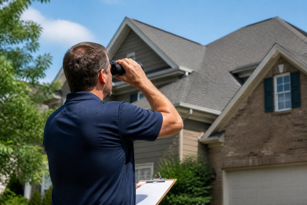 A homeowner standing in a front yard looking up at a residential asphalt shingle roof through binoculars on a clear day, clipboard in hand