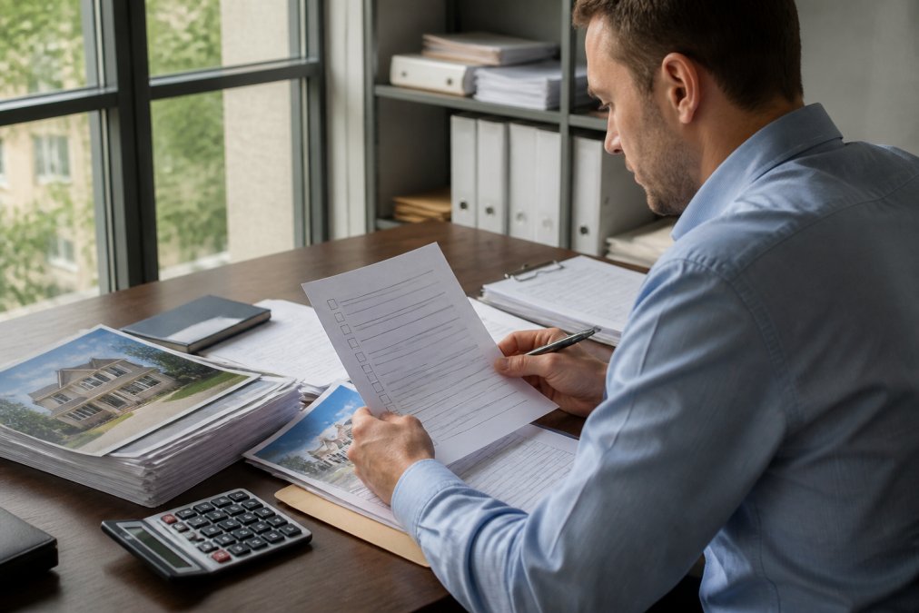 Real estate investor or developer sitting at a desk reviewing a detailed underwriting checklist and property documents, with a laptop displaying financial spreadsheets, printed property photos, and loan application forms organized in folders, natural office lighting from a window